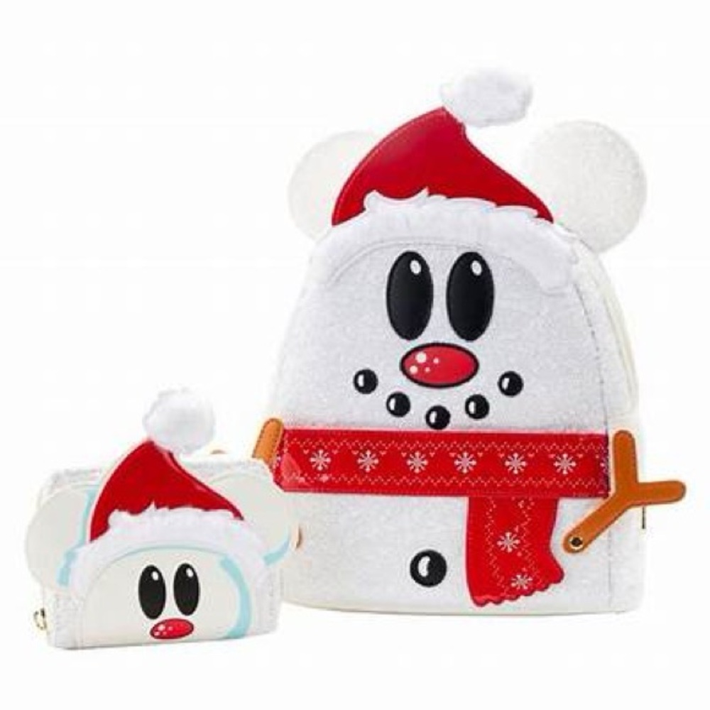 NWT RETIRED Loungefly Disney Mickey Mouse Sequin Snowman Mini Backpack & Wallet